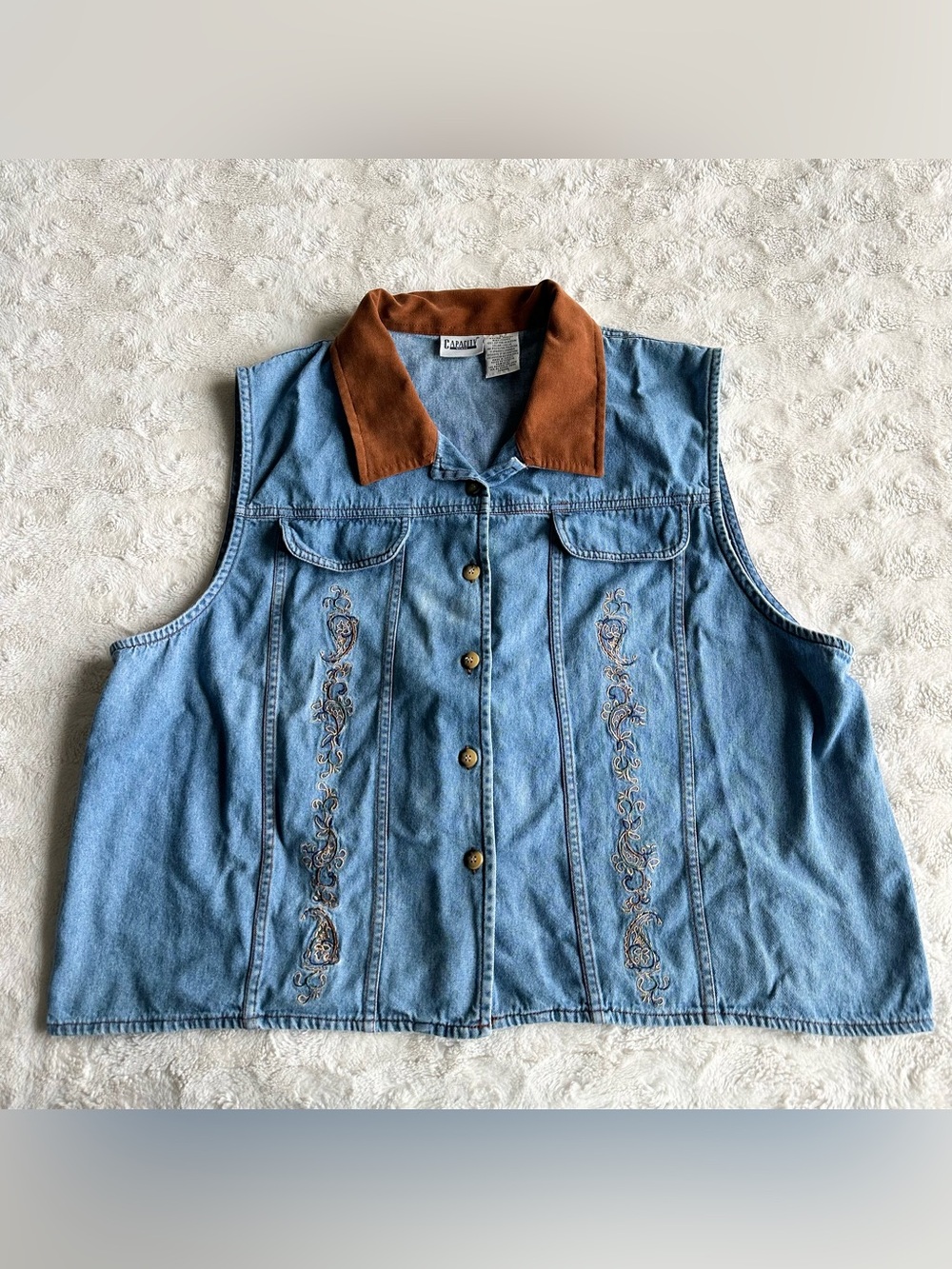 Vintage Capacity Denim Vest Womens 2X Blue Embroidered Western Cowgirl Cotton